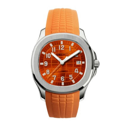 Orange watch with a detailed face on an orange strap against a white background