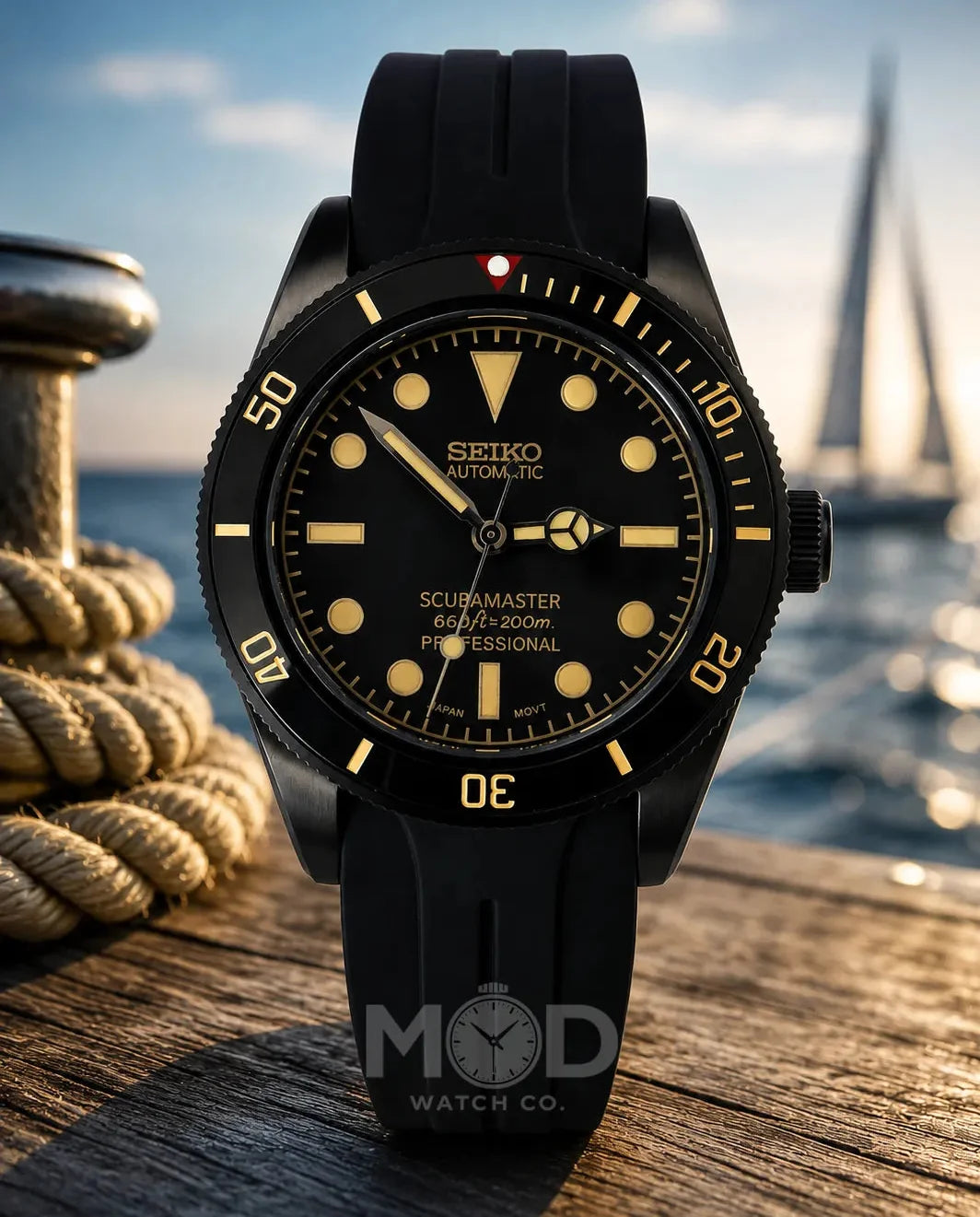 Black Seiko watch with yellow accents on a wooden surface with a blurred background