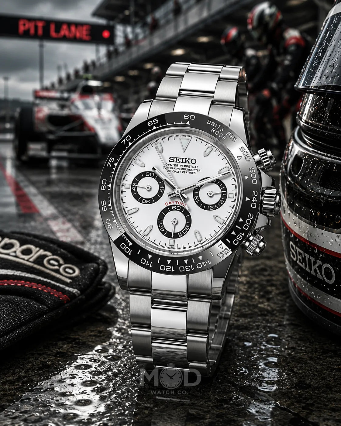 Seiko watch with racing theme, including a race car and 'Pit Lane' sign.