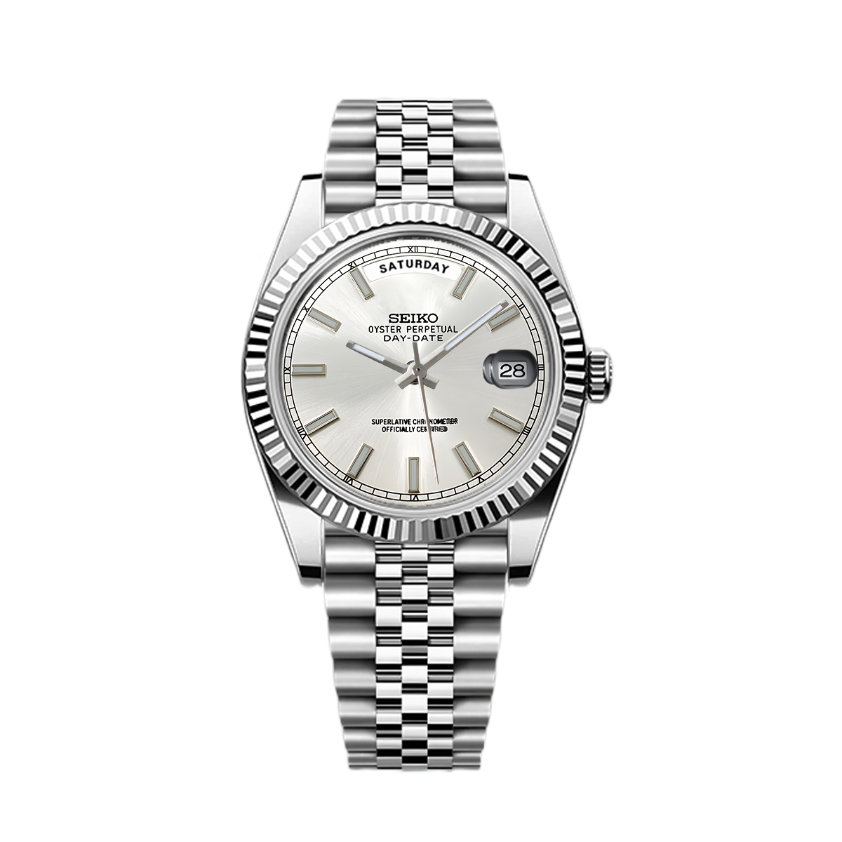 Silver Seiko watch with a white face on a white background