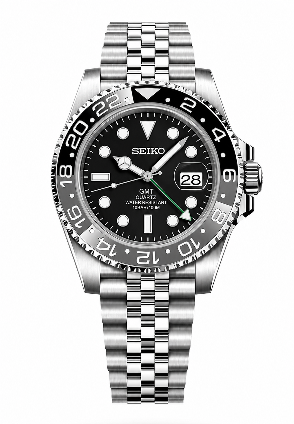 A Seiko GMT Quartz watch with a stainless steel Oyster bracelet, featuring a black dial, black bezel, and silver-tone case and bracelet, shown against a plain white background.