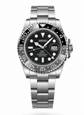 A Seiko GMT Quartz watch with a stainless steel bracelet, black dial, and black bezel with white numerals, shown on a white background.