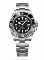 A Seiko GMT Quartz watch with a stainless steel bracelet, black dial, and black bezel with white numerals, shown on a white background.