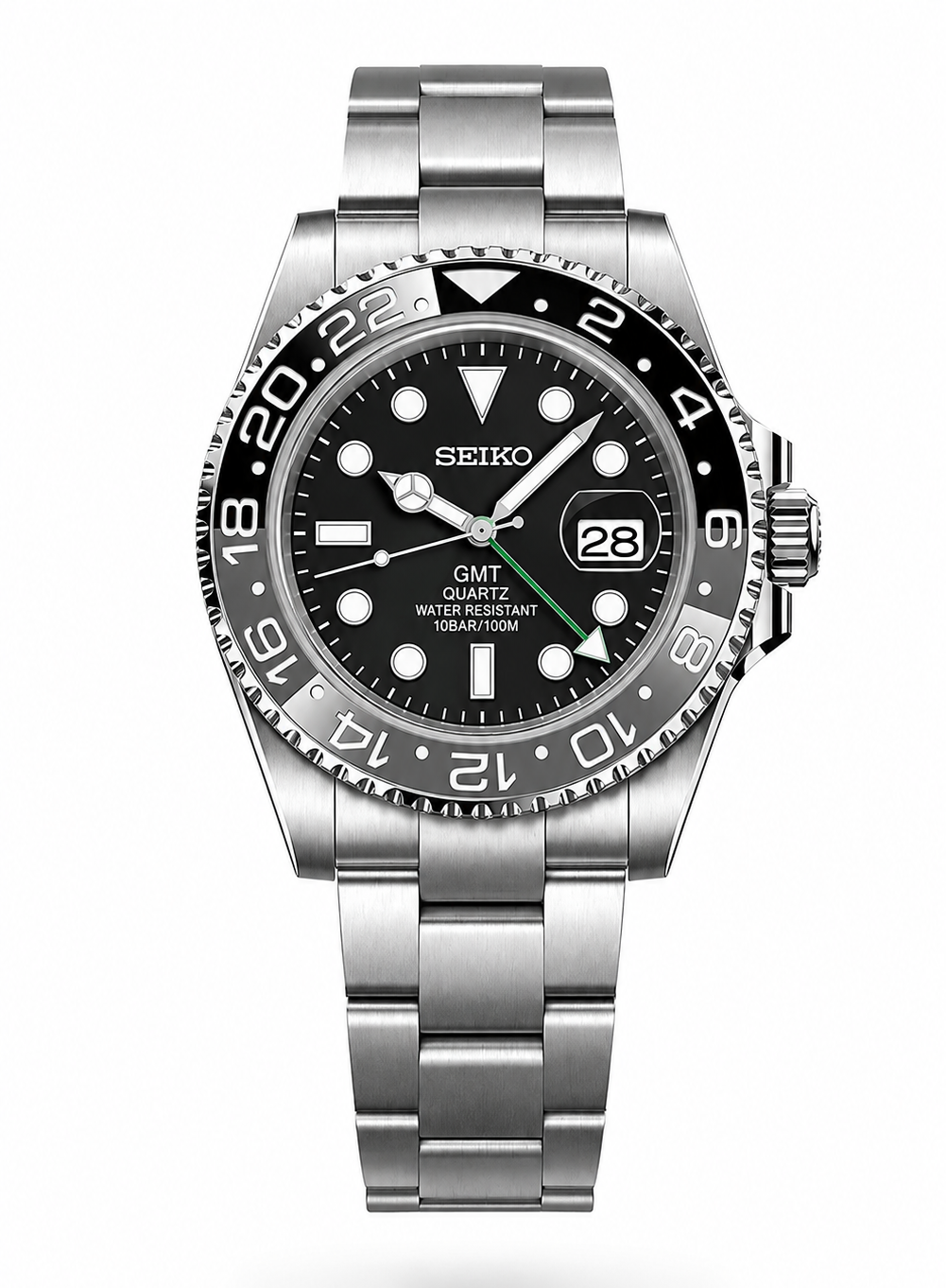 A Seiko GMT Quartz watch with a stainless steel bracelet, black dial, and black bezel with white numerals, shown on a white background.