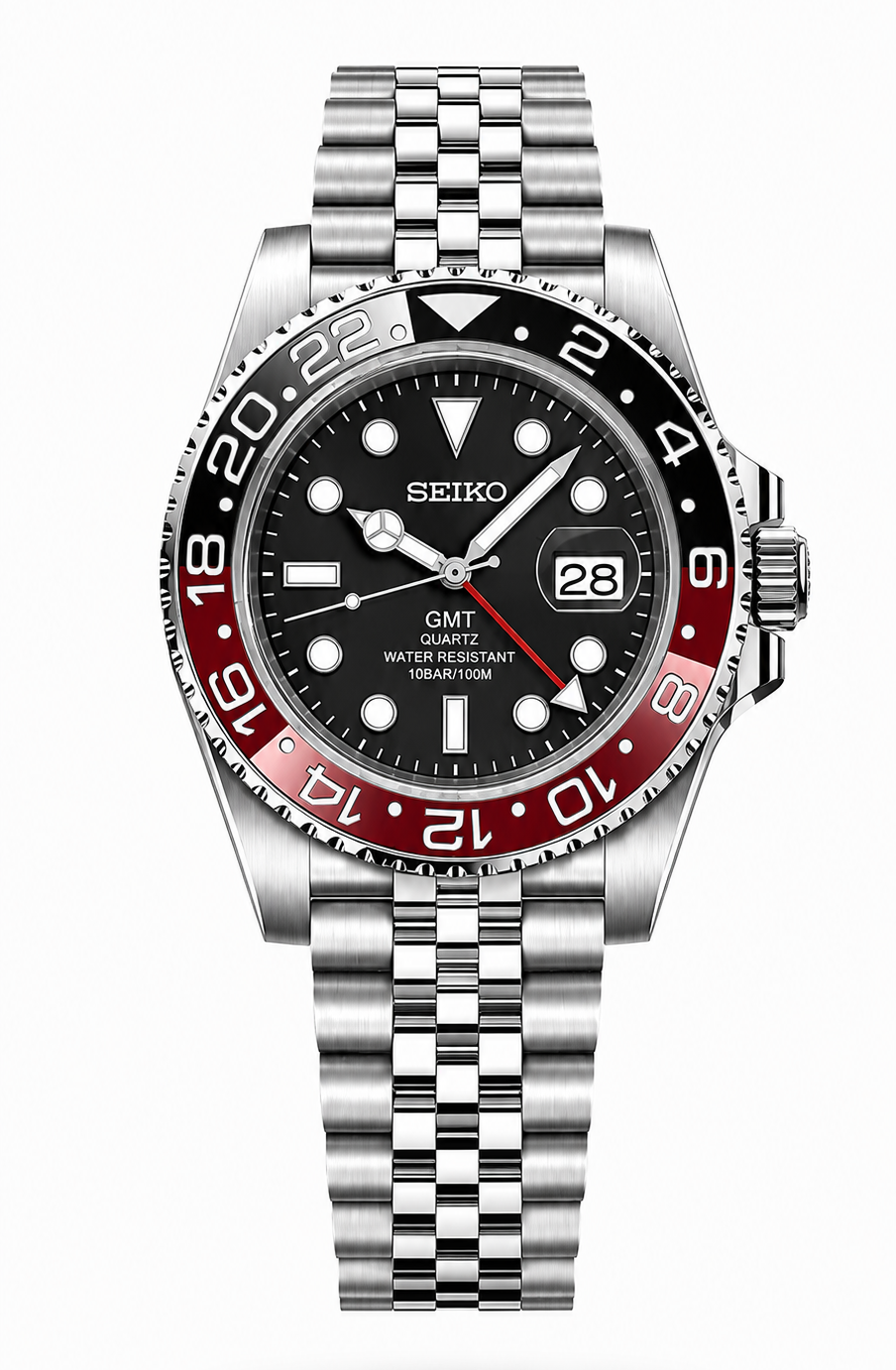 A Seiko GMT watch with a silver stainless steel Oyster bracelet, a black dial, and a red and black GMT bezel, shown against a plain white background.