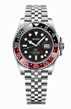 A Seiko GMT watch with a silver stainless steel Oyster bracelet, a black dial, and a red and black GMT bezel, shown against a plain white background.
