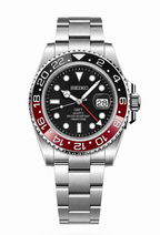 A Seiko GMT Quartz wristwatch with a stainless steel link bracelet, featuring a black dial, a black and red two-tone bezel, and a date window at 3 o'clock, shown against a plain white background.