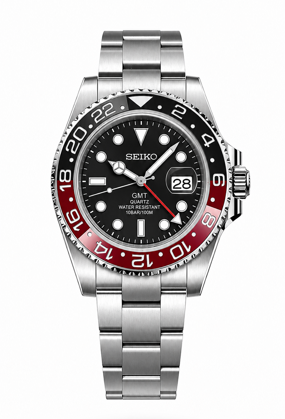 A Seiko GMT Quartz wristwatch with a stainless steel link bracelet, featuring a black dial, a black and red two-tone bezel, and a date window at 3 o'clock, shown against a plain white background.