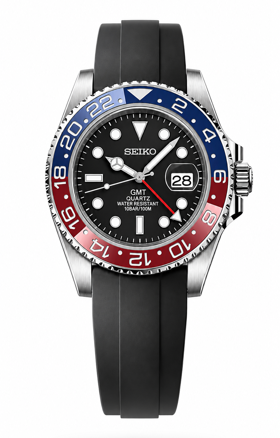 A Seiko GMT Quartz wristwatch with a black rubber strap, black dial, and a red and blue Pepsi-style bezel, shown on a white background with a soft shadow.