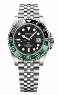 A Seiko GMT watch with a stainless steel Oyster bracelet, featuring a black dial, a green and black bezel, and a date window at 3 o'clock, shown against a plain white background.