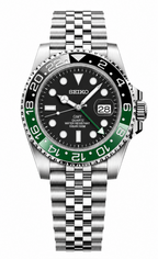 A Seiko GMT watch with a stainless steel Oyster bracelet, featuring a black dial, a green and black bezel, and a date window at 3 o'clock, shown against a plain white background.