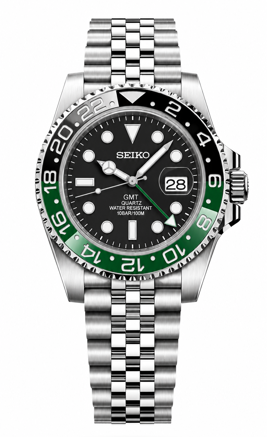 A Seiko GMT watch with a stainless steel Oyster bracelet, featuring a black dial, a green and black bezel, and a date window at 3 o'clock, shown against a plain white background.