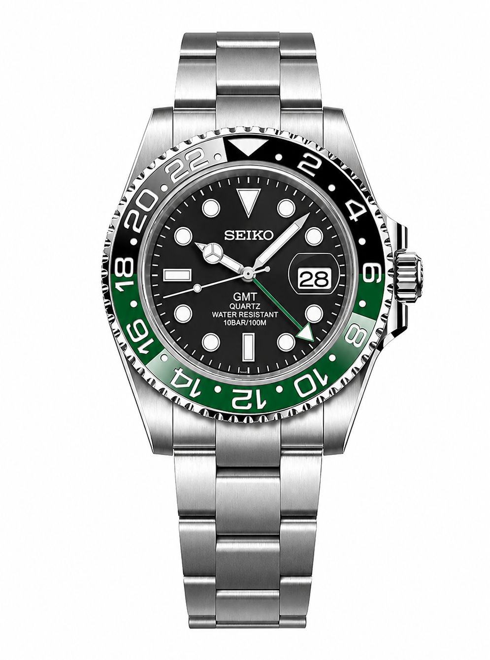 A Seiko GMT watch with a stainless steel bracelet, black dial, and a two-tone bezel featuring black and green segments.