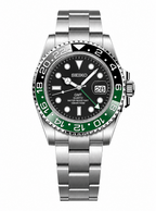 A Seiko GMT watch with a stainless steel bracelet, black dial, and a two-tone bezel featuring black and green segments.