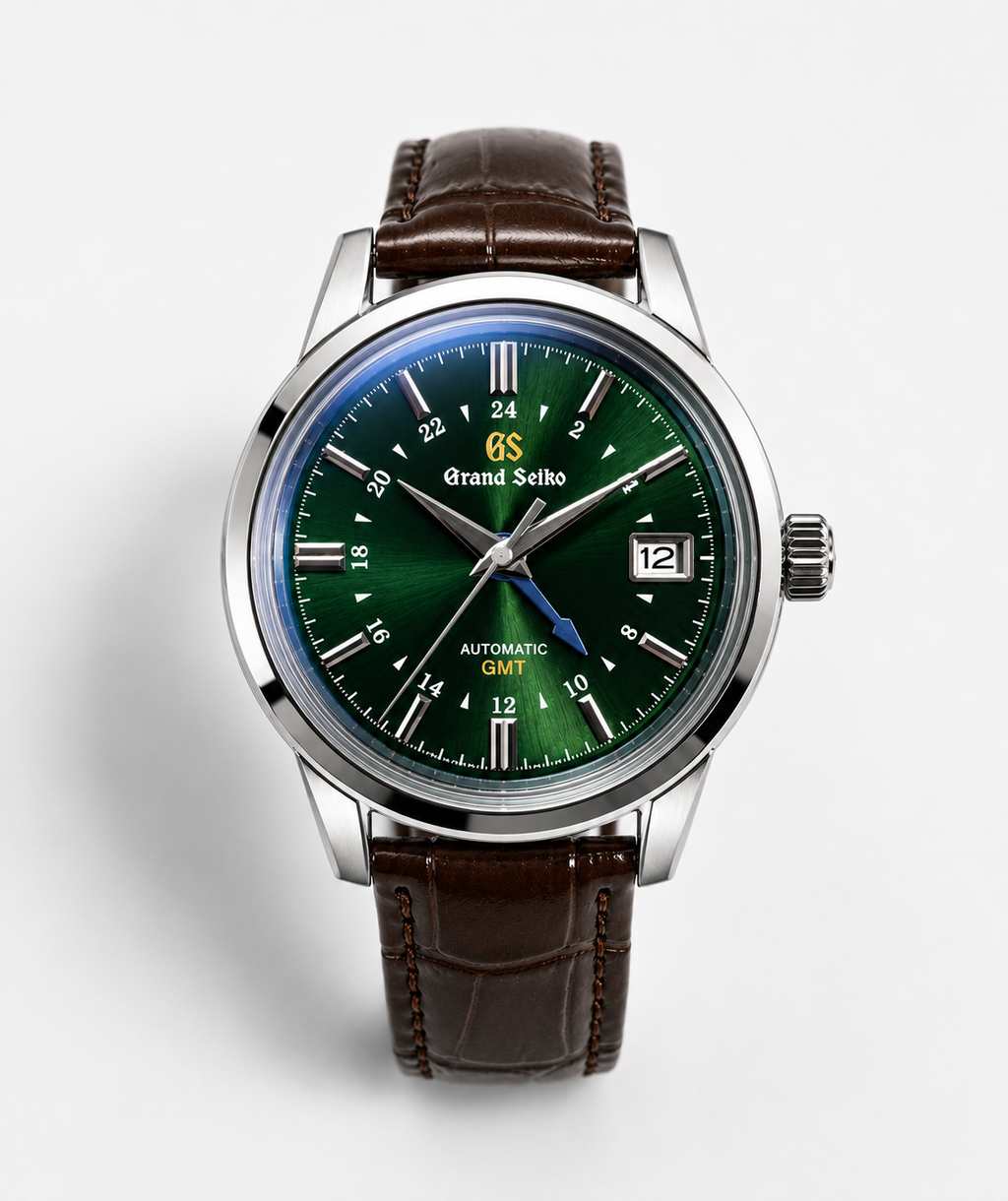 A Grand Seiko wristwatch with a silver stainless steel case, a green gradient dial, and a brown leather strap, shown against a light gray background.