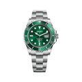 Seiko watch with green face and silver case on white background