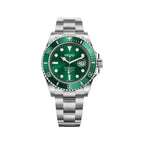 Seiko watch with green face and silver case on white background