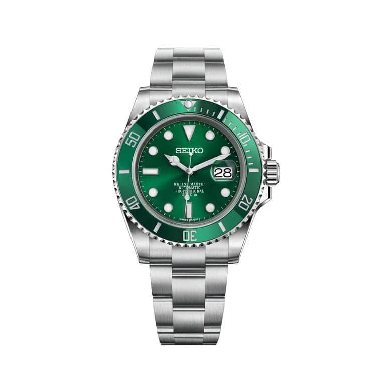Seiko watch with green face and silver case on white background