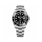 Seiko watch with black dial and silver metal bracelet on a white background