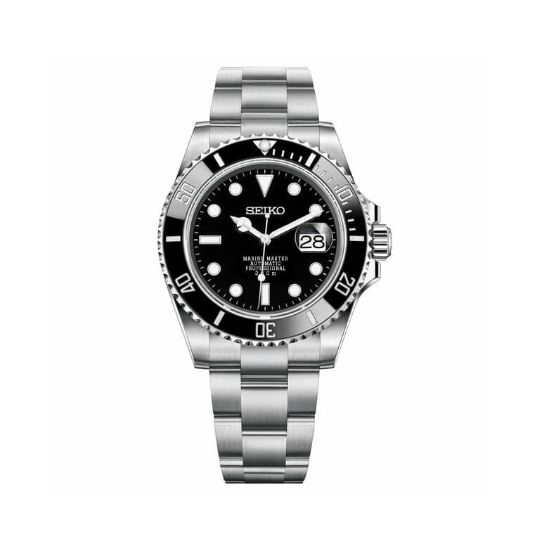 Seiko watch with black dial and silver metal bracelet on a white background