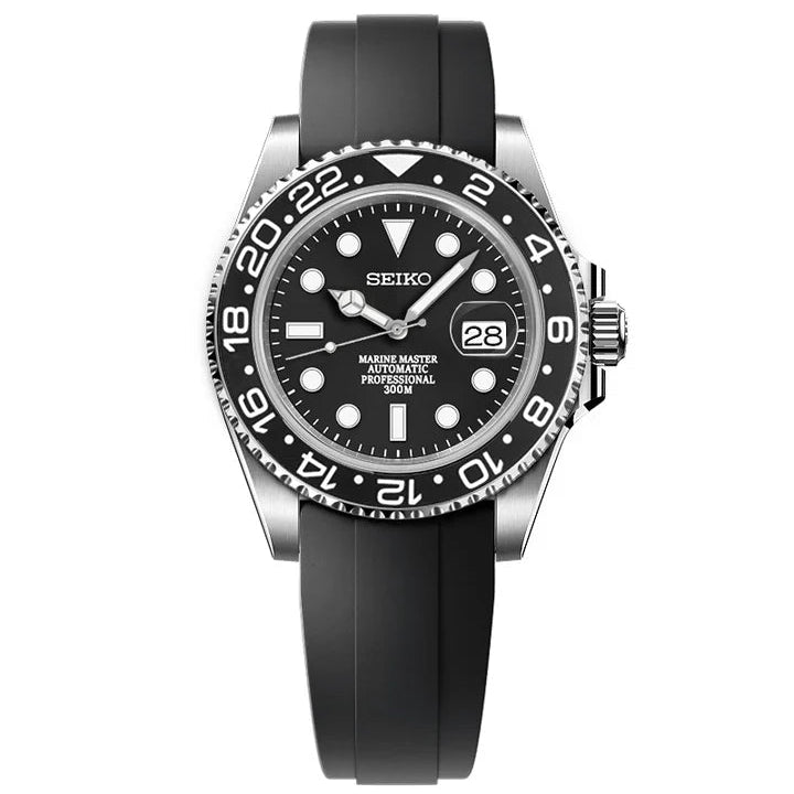 Seiko watch with black dial and rubber strap on a white background