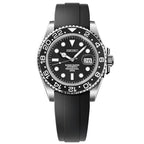 Seiko watch with black dial and rubber strap on a white background