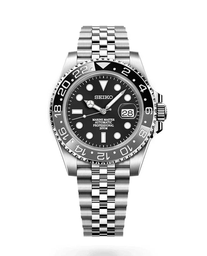 Seiko watch with black dial and silver metal bracelet on a white background