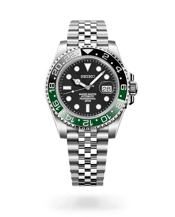 Seiko watch with black face, green bezel, and silver metal bracelet on a white background
