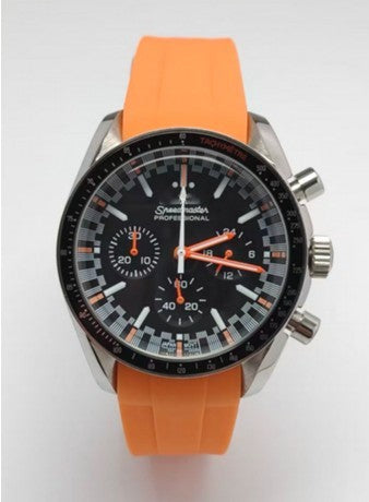 Seiko watch with orange rubber strap on a white background