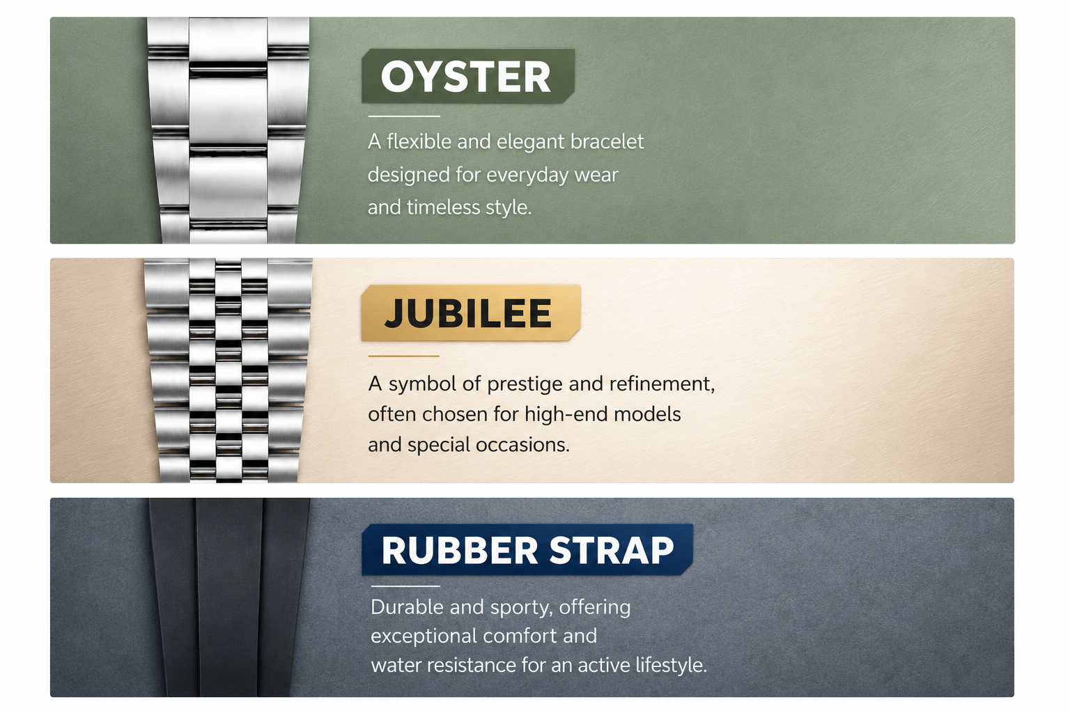 Bracelet options including Oyster, Jubilee, and Rubber Strap with descriptions on a green, beige, and gray background.