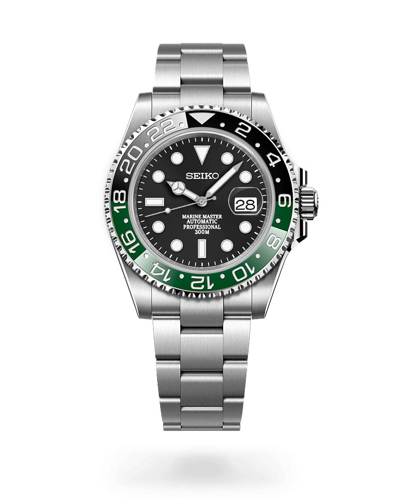 Seiko watch with black face and green bezel on a white background