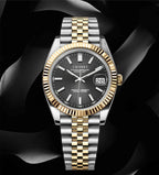 Seiko watch with two-tone metal band on a black background