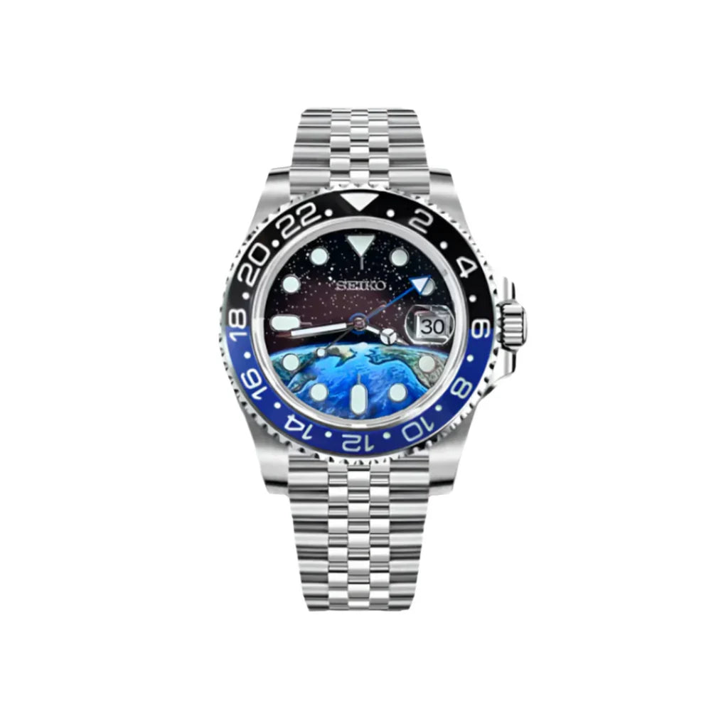 Silver Seiko watch with a blue and black bezel on a white background