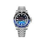 Silver Seiko watch with a blue and black bezel on a white background