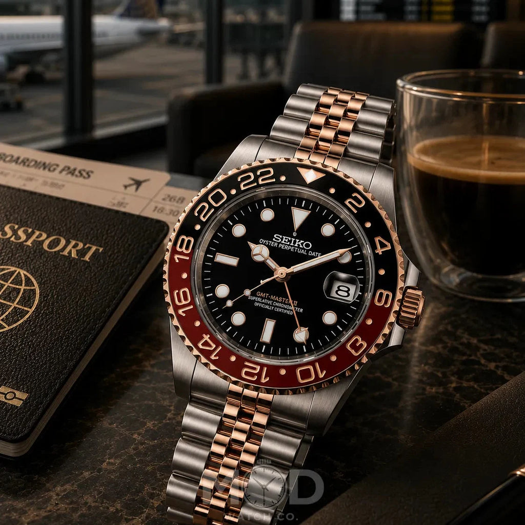 Seiko watch with rose gold and silver band on a table with a passport and coffee.