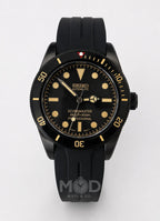 Black Seiko watch with gold accents on a white background