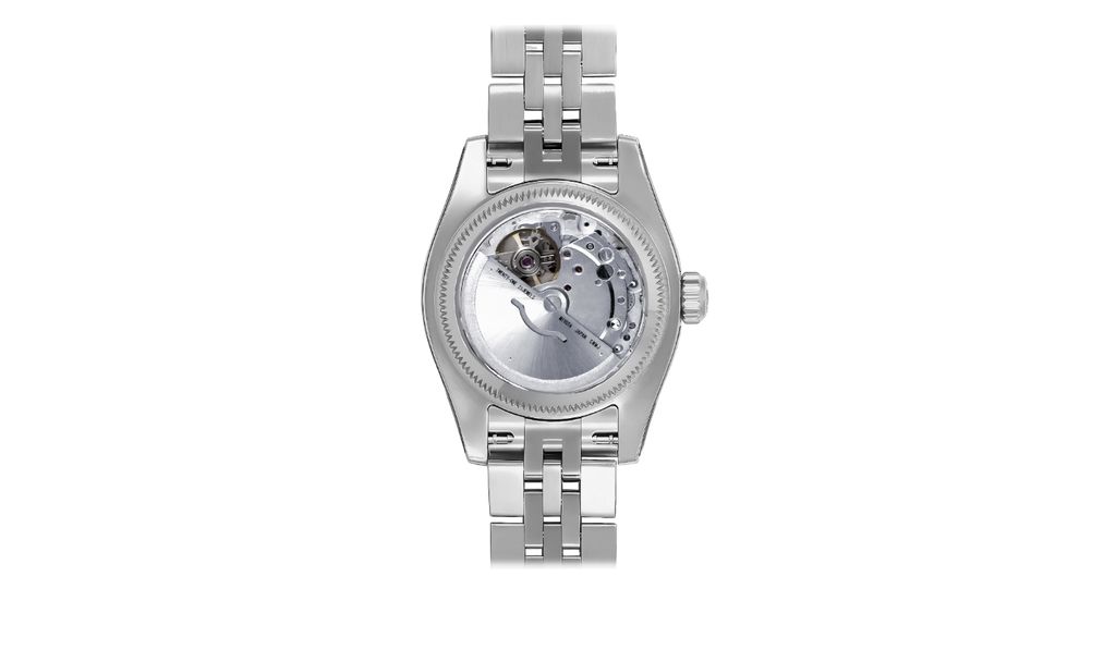 Silver watch with a white face on a white background