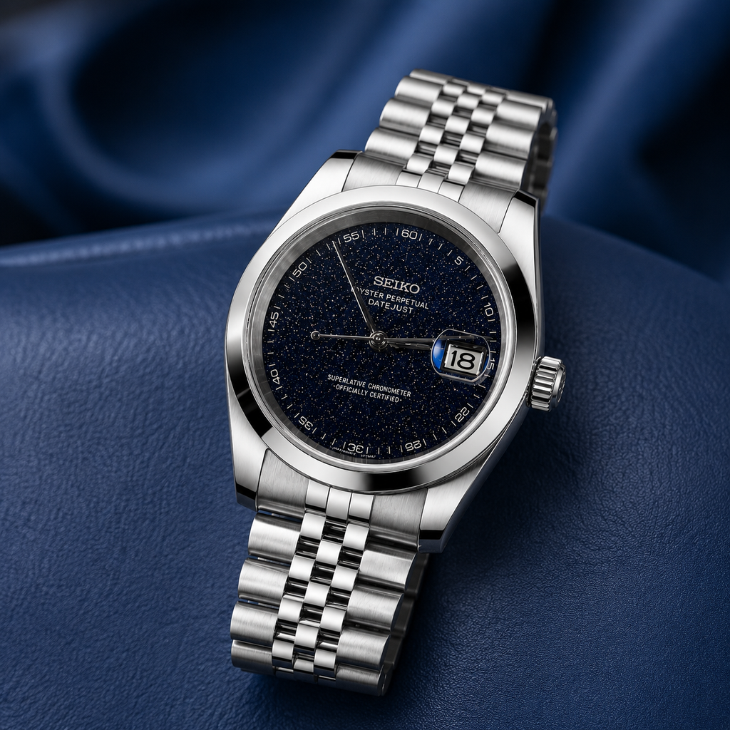 Silver Seiko watch on a blue background