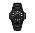Black Seiko watch with a white background