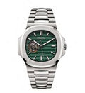 Silver watch with a green face on a white background