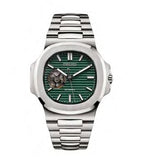 Silver watch with a green face on a white background