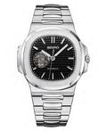 Silver Seiko watch with black face on a white background