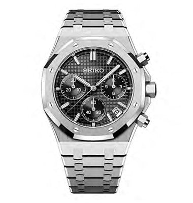 Seiko watch with silver metal strap on a white background