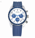 Seiko watch with blue strap and face on a white background