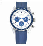Seiko watch with blue strap and face on a white background