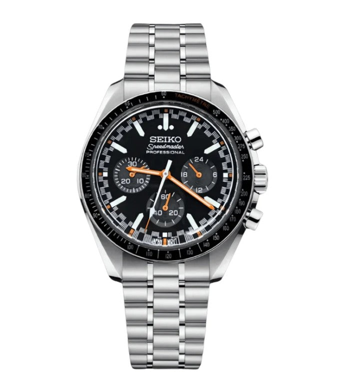 Seiko watch with black dial and silver metal strap on a white background