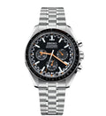 Seiko watch with black dial and silver metal strap on a white background