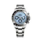 Silver watch with a blue face on a white background