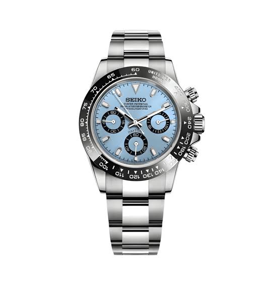 Silver watch with a blue face on a white background