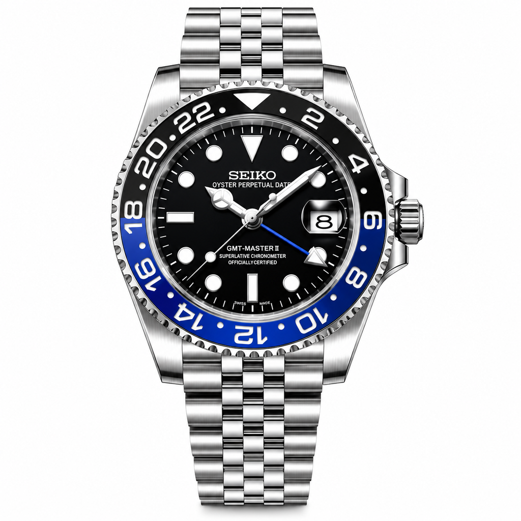 Seiko watch with black dial and blue bezel on a white background